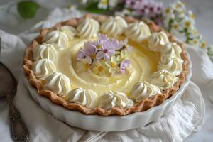 AI generated Springtime Indulgence Lemon Cream Pie with Flaky Crust for Farmcore Elegance photo