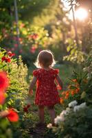 ai generado pequeño floración niñito elegancia en un rojo floral primavera vestir foto