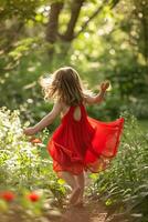 ai generado pequeño floración niñito elegancia en un rojo floral primavera vestir foto