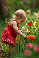 AI generated Springtime Chic Adorable Toddler in an Elegant Red Floral Dress photo