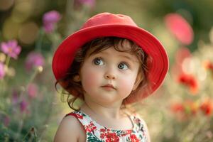 ai generado primavera elegante adorable niñito en un elegante rojo floral vestir foto