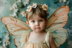 AI generated Pastel Delight Toddler's Playful Outfit with Green and Yellow Butterfly Motif photo