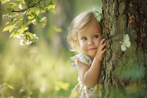 ai generado pastel deleite del niño juguetón atuendo con verde y amarillo mariposa motivo foto