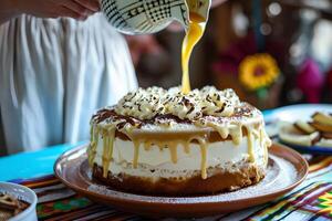 AI generated Sweet Symphony Tres Leches Poured Over Cake with a Folk-Inspired Backdrop photo