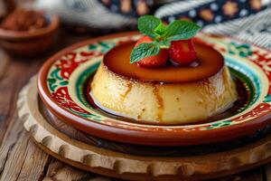 ai generado caramelo sinfonía mexicano Flan en un ingeniosamente hecho a mano plato foto