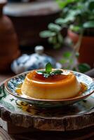 AI generated Caramel Symphony Mexican Flan in an Artfully Crafted Dish photo