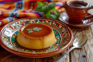 ai generado caramelo sinfonía mexicano Flan en un ingeniosamente hecho a mano plato foto