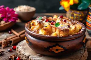 AI generated Folklore Feast Capirotada Mexican Bread Pudding on a Simple Backdrop photo