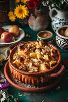 AI generated Folklore Feast Capirotada Mexican Bread Pudding on a Simple Backdrop photo