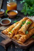 AI generated Flautas Finesse Traditional Mexican Delight with Caramel Sauce photo