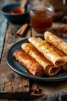 AI generated Flautas Finesse Traditional Mexican Delight with Caramel Sauce photo