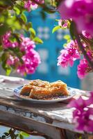 AI generated Mediterranean Magic Baklava on a Table Framed by Bougainvillea photo