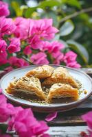 AI generated Mediterranean Magic Baklava on a Table Framed by Bougainvillea photo