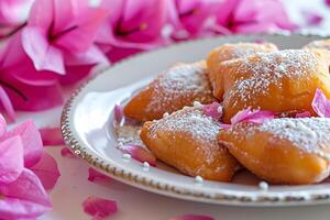 AI generated Sweet Blossoms Close-Up of Greek Loukoum with Bougainvillea Petals photo