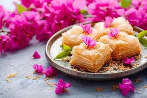 AI generated Mediterranean Elegance Greek Kataifi amid Folk-Styled Bougainvillea photo