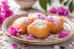 AI generated Sweet Blossoms Close-Up of Greek Loukoum with Bougainvillea Petals photo