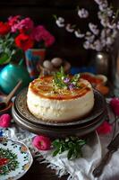 AI generated Culinary Heritage Elegant Folk Presentation of Traditional Russian Dessert photo