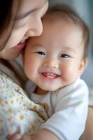 AI generated Moments of Motherhood Bliss Close-Up of a Baby's Radiant Smile photo