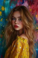 AI generated Bold Elegance Beautiful Girl Adorned by a Vibrant Painterly Background photo