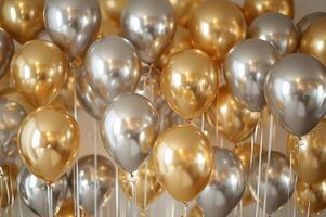AI generated Chic Celebration Shimmering Gold and Silver Balloons Creating Glamour photo