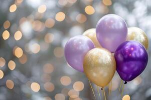 ai generado dorado festividad globos ramo de flores con un vistoso insinuación de elegancia foto