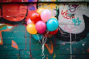 AI generated Urban Vibe Balloons in a Bunch Popping Against a Vibrant Graffiti Wall photo