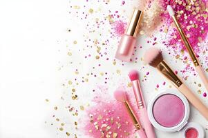 AI generated Pink and Gold Glam Sparkling Beauty in Fresh Makeup Banner photo