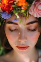 AI generated Embrace the Blooms Woman's Natural Beauty in Spring Banner of Self-Care photo