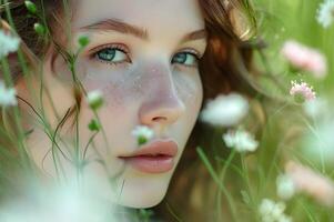 ai generado abrazo el floraciones mujer natural belleza en primavera bandera de cuidados personales foto