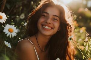 ai generado abrazo el floraciones mujer natural belleza en primavera bandera de cuidados personales foto