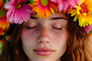 ai generado abrazo el floraciones mujer natural belleza en primavera bandera de cuidados personales foto