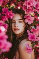 AI generated Blooming Elegance Spring Beauty Banner Featuring Woman Amidst Bougainvillea photo