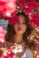 AI generated Blooming Elegance Spring Beauty Banner Featuring Woman Amidst Bougainvillea photo