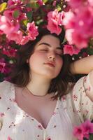 AI generated Blooming Elegance Spring Beauty Banner Featuring Woman Amidst Bougainvillea photo