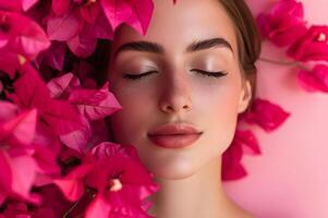 AI generated Blooming Elegance Spring Beauty Banner Featuring Woman Amidst Bougainvillea photo