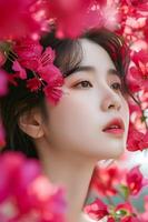 AI generated Blooming Elegance Spring Beauty Banner Featuring Woman Amidst Bougainvillea photo