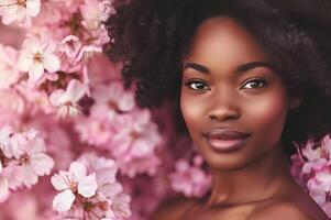 AI generated Spring Bloom Beauty Woman in Pastel Pink Floral Banner photo