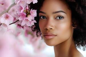 AI generated Spring Bloom Beauty Woman in Pastel Pink Floral Banner photo