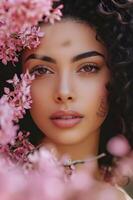 AI generated Spring Bloom Beauty Woman in Pastel Pink Floral Banner photo