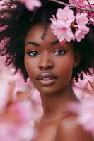 AI generated Spring Bloom Beauty Woman in Pastel Pink Floral Banner photo