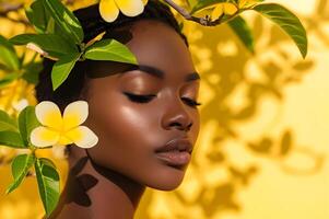 AI generated Sunny Elegance Vibrant Yellow Beauty Banner Featuring Woman in Spring Florals photo