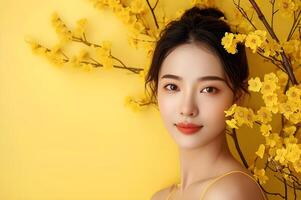 AI generated Sunny Elegance Vibrant Yellow Beauty Banner Featuring Woman in Spring Florals photo