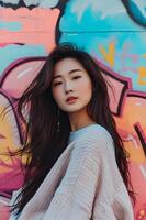 AI generated Pastel Street Art Elegance Beautiful Girl in a Spring Photoshoot photo