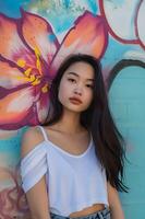 AI generated Pastel Street Art Elegance Beautiful Girl in a Spring Photoshoot photo