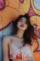 AI generated Pastel Street Art Elegance Beautiful Girl in a Spring Photoshoot photo