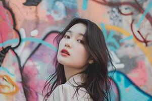 AI generated Pastel Street Art Elegance Beautiful Girl in a Spring Photoshoot photo