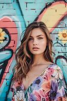 AI generated Pastel Street Art Elegance Beautiful Girl in a Spring Photoshoot photo