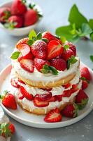 AI generated Sweet Spring Indulgence Up-Close Shot of a Luscious Strawberry Shortcake photo