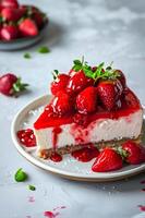 AI generated Springtime Delicacy Strawberry Cheesecake with a Sumptuous Strawberry Sauce Finish photo