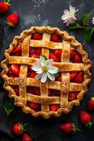 AI generated Spring Delight Overhead View of a Classic Strawberry Pie with Lattice Crust photo